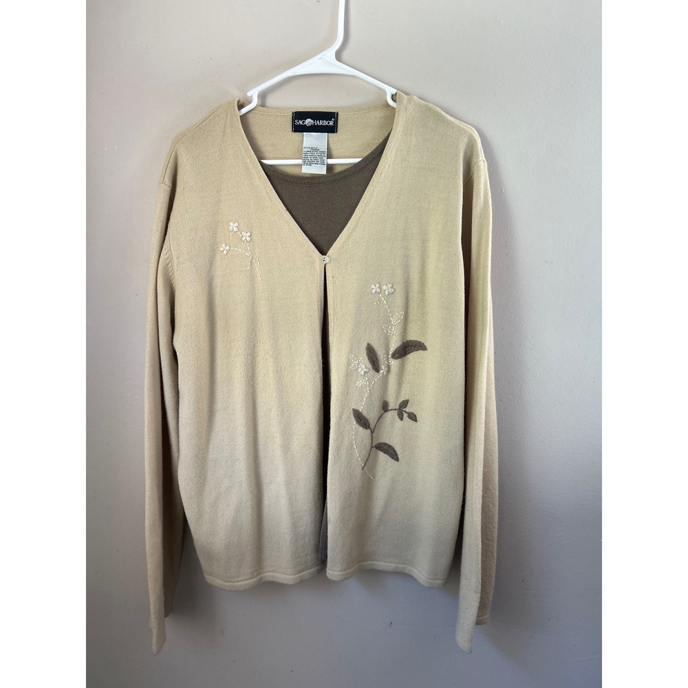 90s Sag‎ Harbor Womens Cardigan Sweater XL Beige Brown Floral Embellished Knit